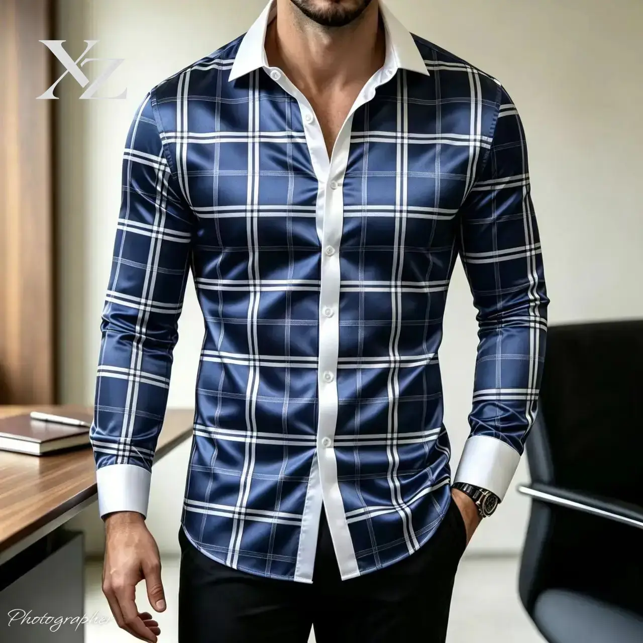 Camisa de Vestir a Cuadros de  - Mens Satin Silk Dress Shirt reseña y precio