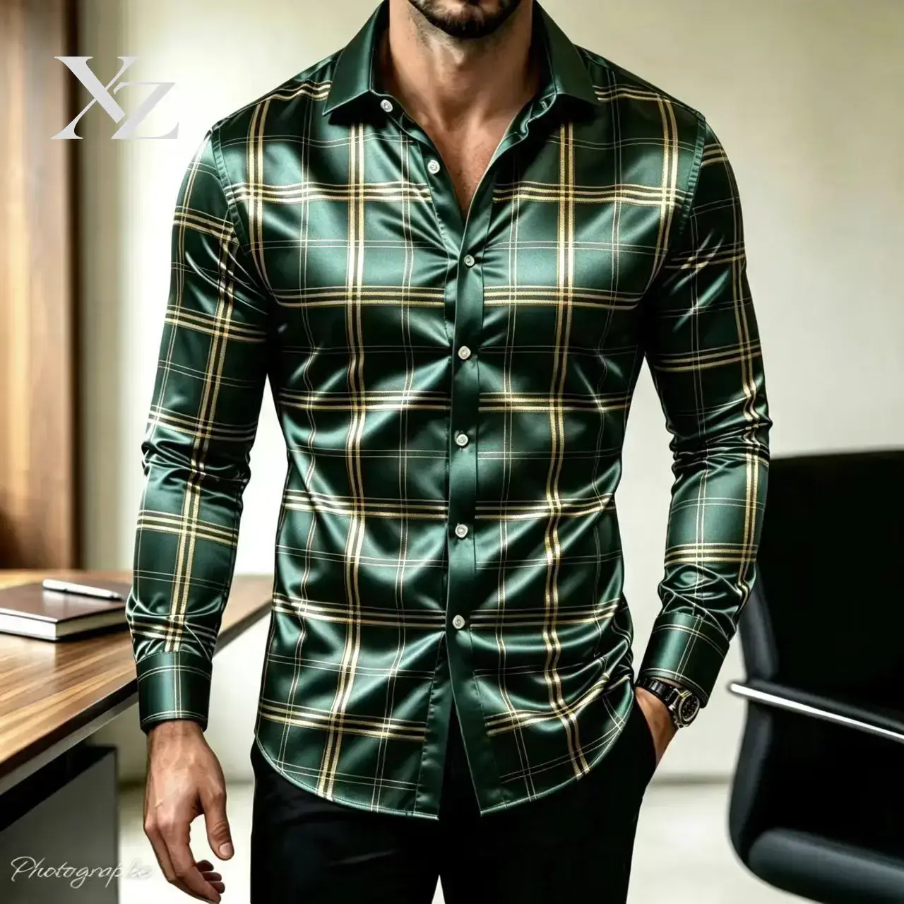 Camisa de Vestir a Cuadros de  - Mens Satin Silk Dress Shirt reseña y precio