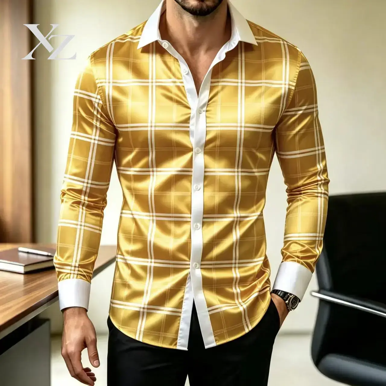 Camisa de Vestir a Cuadros de  - Mens Satin Silk Dress Shirt reseña y precio